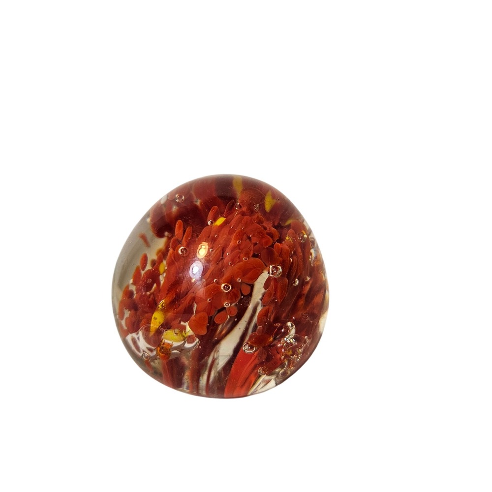 Red and Yellow Floral Art Glass Paperweight Controlled Bubble Orb 2.5 Inch